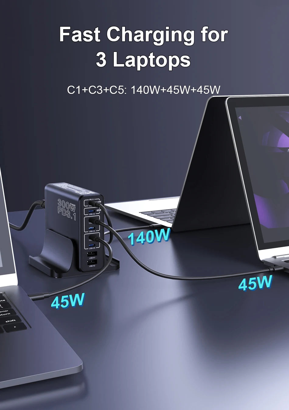 Ubigbuy 300W USB C Fast Charger Multi Port GaN 140W PD 3.1 Charging Station PPS 100W 45W for MacBook Pro M2 iPhone 15 14 Galaxy