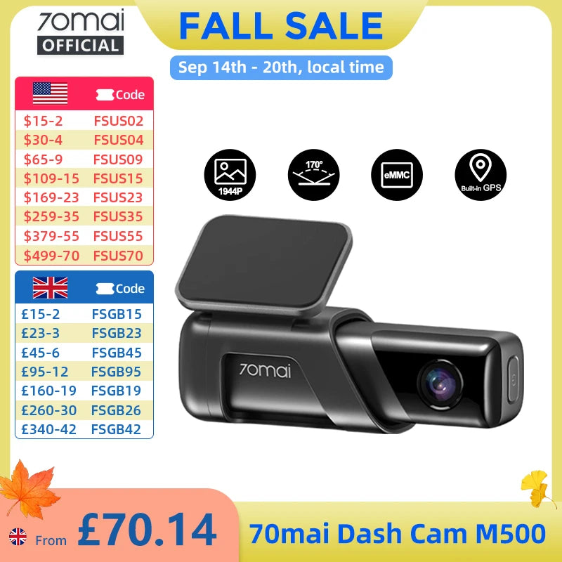 70mai Dash Cam M500 1944P 170FOV 70mai M500 Car DVR Dash Camera Recorder GPS ADAS 24H Parking Monitor EMMC Built-in Storage