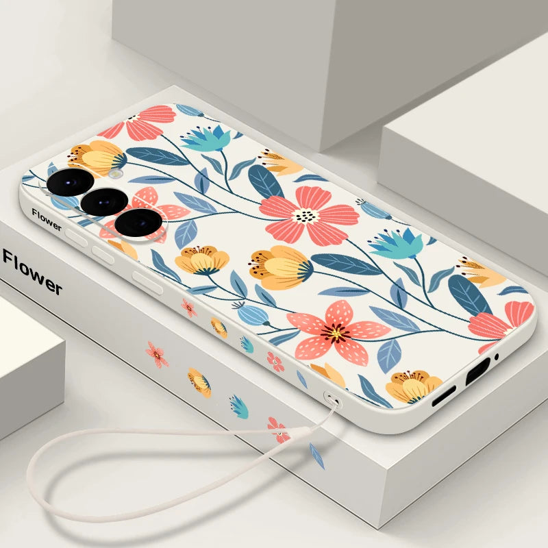 Colorful Flower Case For Samsung Galaxy S24 S23 S22 Ultra S21 FE S26 A56 A15 A35 A55 A52 A53 A54 5G S25 Silicone Lanyard Case