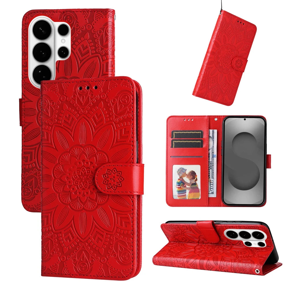 Magnetic Leather Wallet Flip Case for Samsung Galaxy S26 S25 Edge S24 S23 S22 S21 S20 S10 S10e S9 S8 Plus FE A07 Cover Sunflower