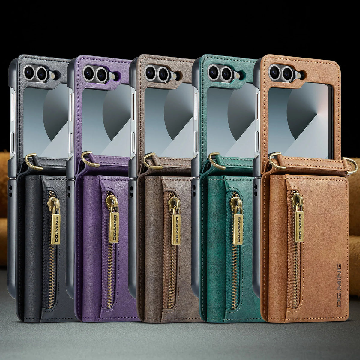 2 in 1 Luxury Leather Flip Phone Case For Samsung Galaxy Z Flip 8 7 6 5 4 3  Magnetic Wallet Card Solt Zipper Lanyard Cover ﻿