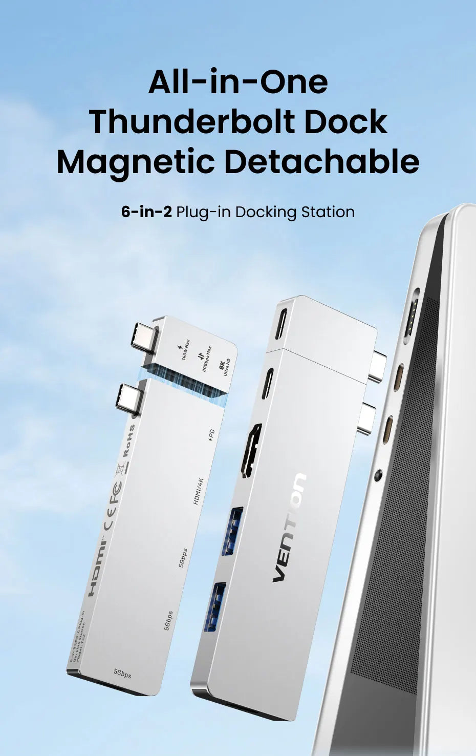 Vention USB C Plug-in Hub 6 in 2 Thunderbolt 4 80Gbps 8K Dock Station for MacBook Pro Air USB 3.0 HUB HDMI 4K60Hz for Win Laptop