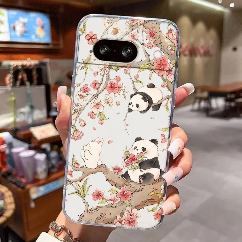 For Google Pixel 10 9 8 7 6 Pro XL 9a 8a 7a 6a Cute Panda Play Pattern Phone Case Crystal Transparent Silicone Protective Cover