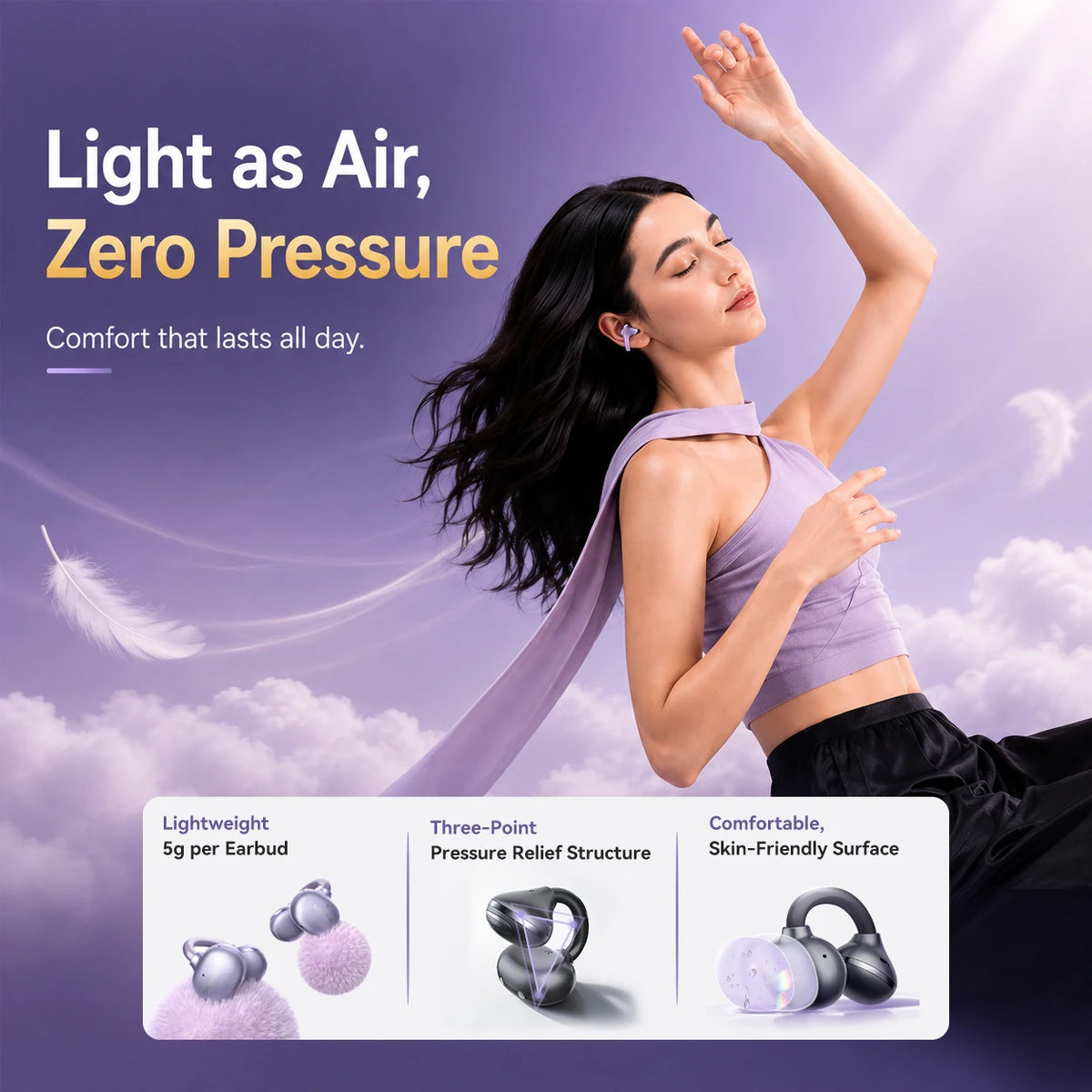 1More Open Ear Bluetooth Earbuds Wireless Ear Clip S21 Bluetooth 6.0 LDAC Wireless Hi-Res Audio Earphones IPX5 26H Battery Life
