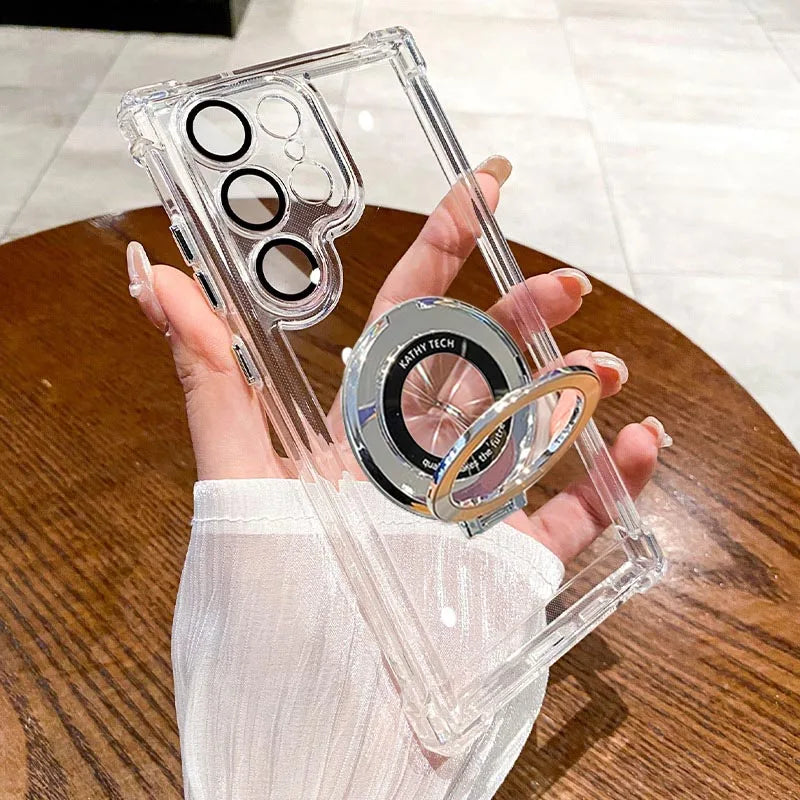 Luxury Magnetic Plating Stand Shockproof Clear Case For Samsung Galaxy S26 S25 S24 Ultra S23 S22 Note 20 Plus Acrylic Back Cover