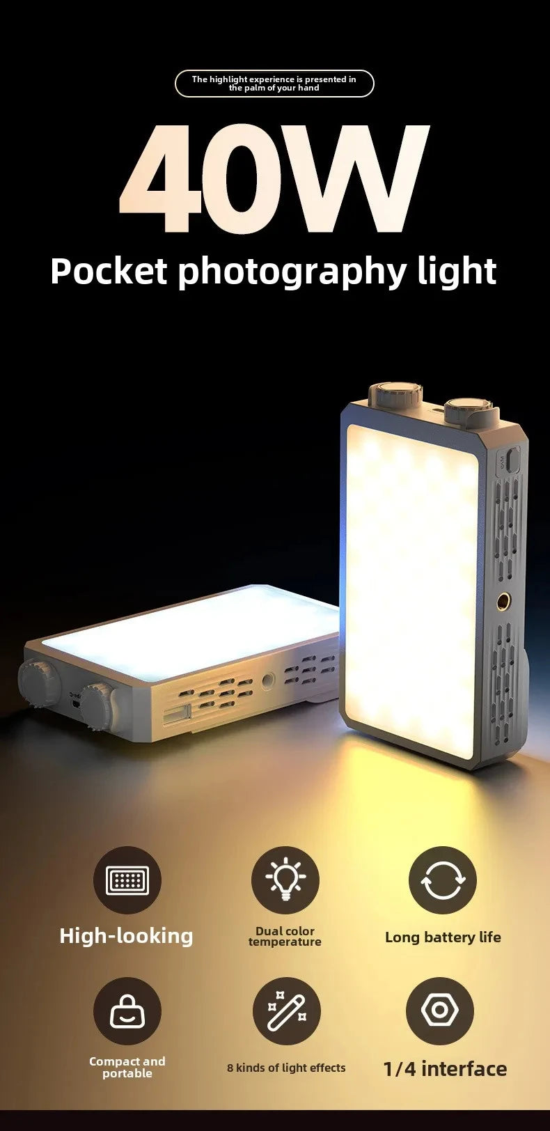 40W Mini Portable LED Fill Video Light with Built-In Rechargeable Battery Fill Light for Mobile Phone Charging PD