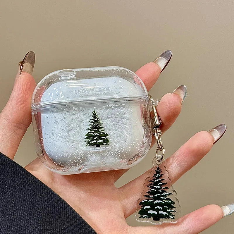 Snow Globe Christmas Tree Case for AirPods3/4/Pro, Soft Silicone Shockproof Cover with Keychain, Glitter Liquid Snowflake Design