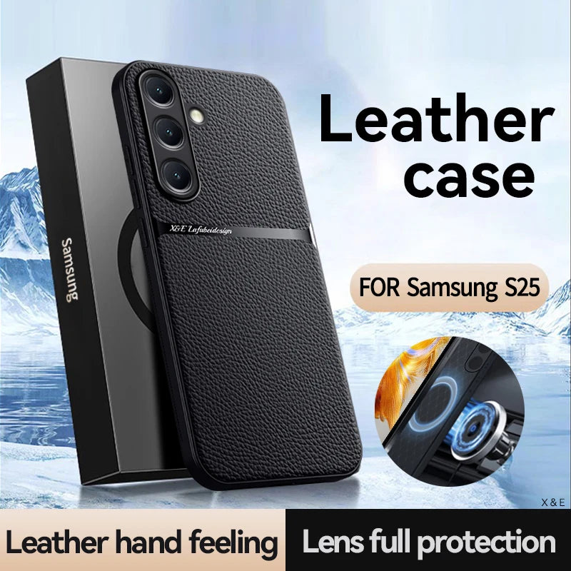 Back Leather Case Cover for Samsung Galaxy S25 S24 S23 Ultra Plus S25FE S24FE Car Holder Magnetic Leather Case Cellphone Coques