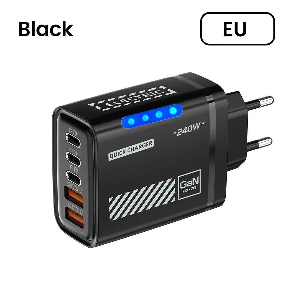 240W QC3.0 PD 5 Ports GaN Fast Charger US/EU Plug Phone Charging Head Adapter with LED Light for iPhone Samsung Huawei Xiaomi