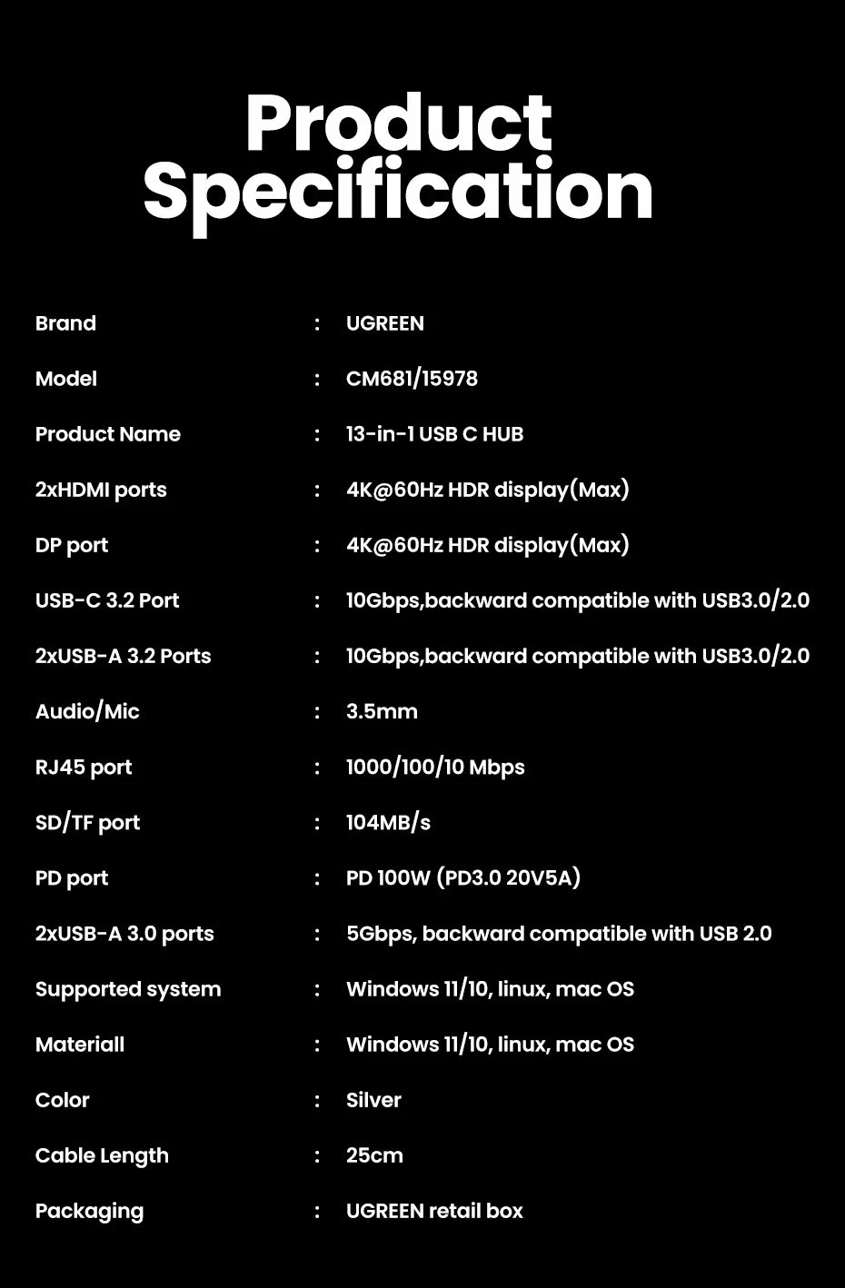 UGREEN 13-in-1 USB-C HUB Triple Monitor Extend 4K 2xHDMI 1xDP 10Gbps USB3.2 PD100W SD/TF RJ45 Dockingfor Windows Laptop HP Dell