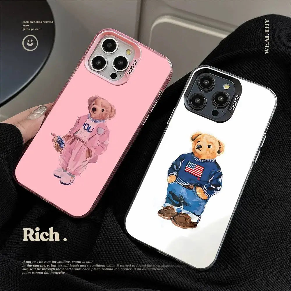 1PC Fashion Bear P-Polo Phone Case For IPhone 17 Air 16 15 14 13 12 11 Pro Max Plus Color Shockproof Back Silver Cove