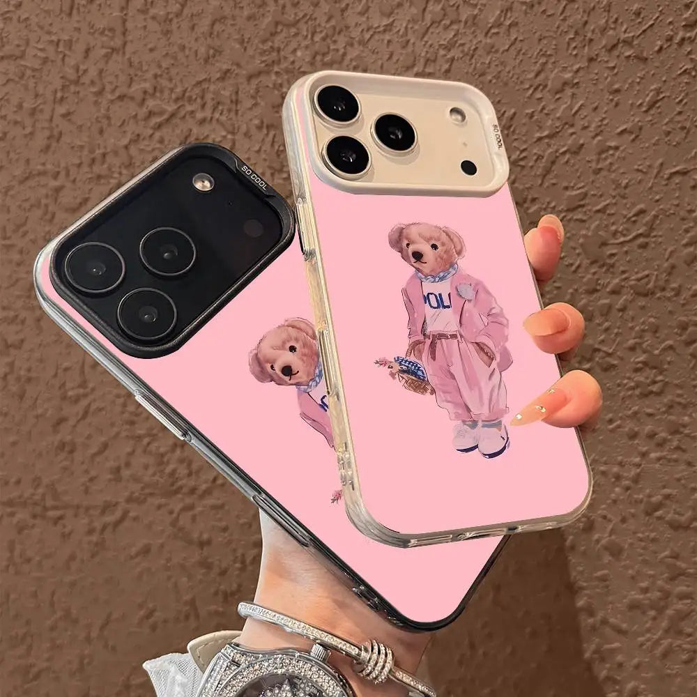 1PC Fashion Bear P-Polo Phone Case For IPhone 17 Air 16 15 14 13 12 11 Pro Max Plus Color Shockproof Back Silver Cove