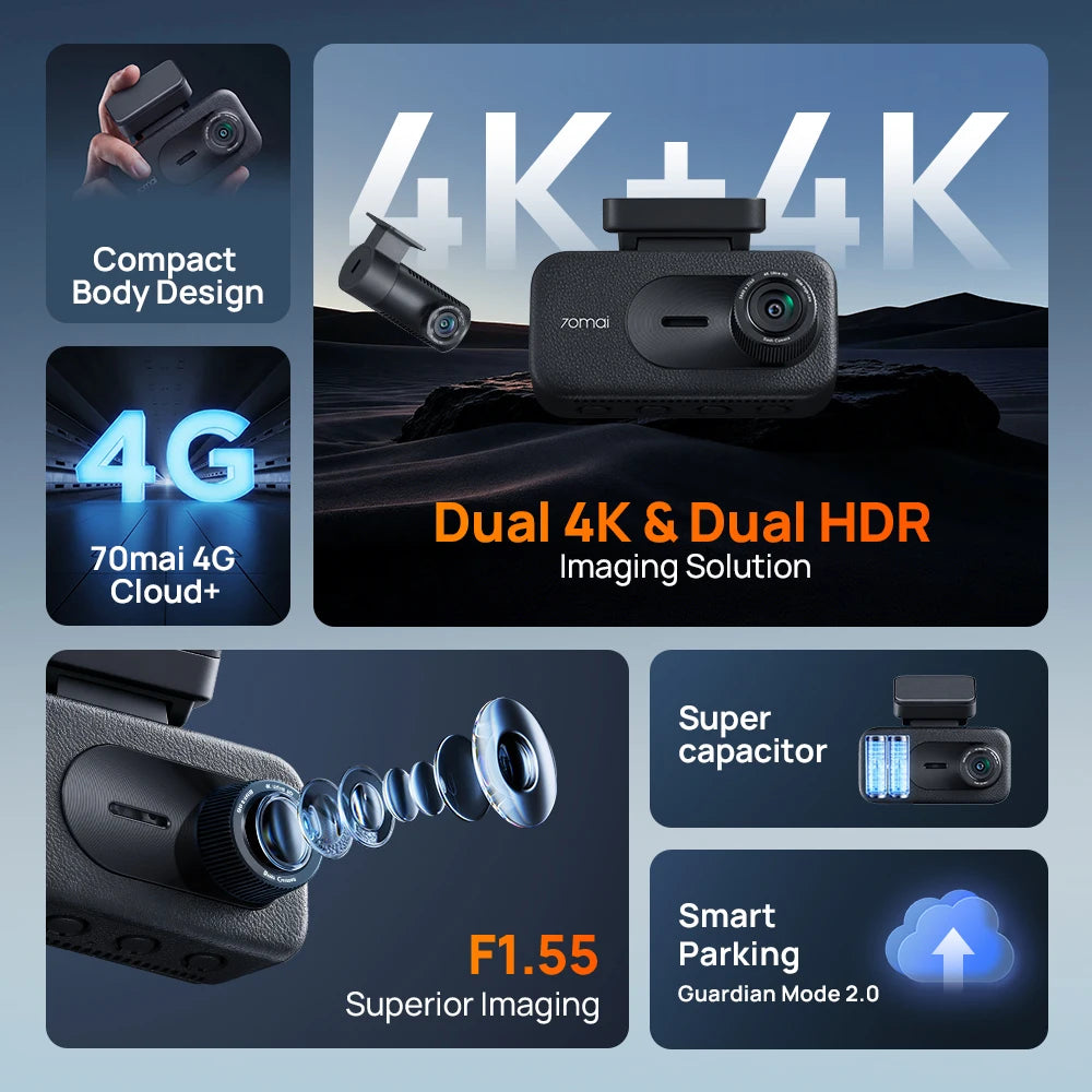 【New】70mai Dash Cam 4K A900 Dual True 4K&HDR Supercapacitor GPS Fatigue Alert Voice Control 4G LTE Wi-Fi 6 Car DVR 70mai A900
