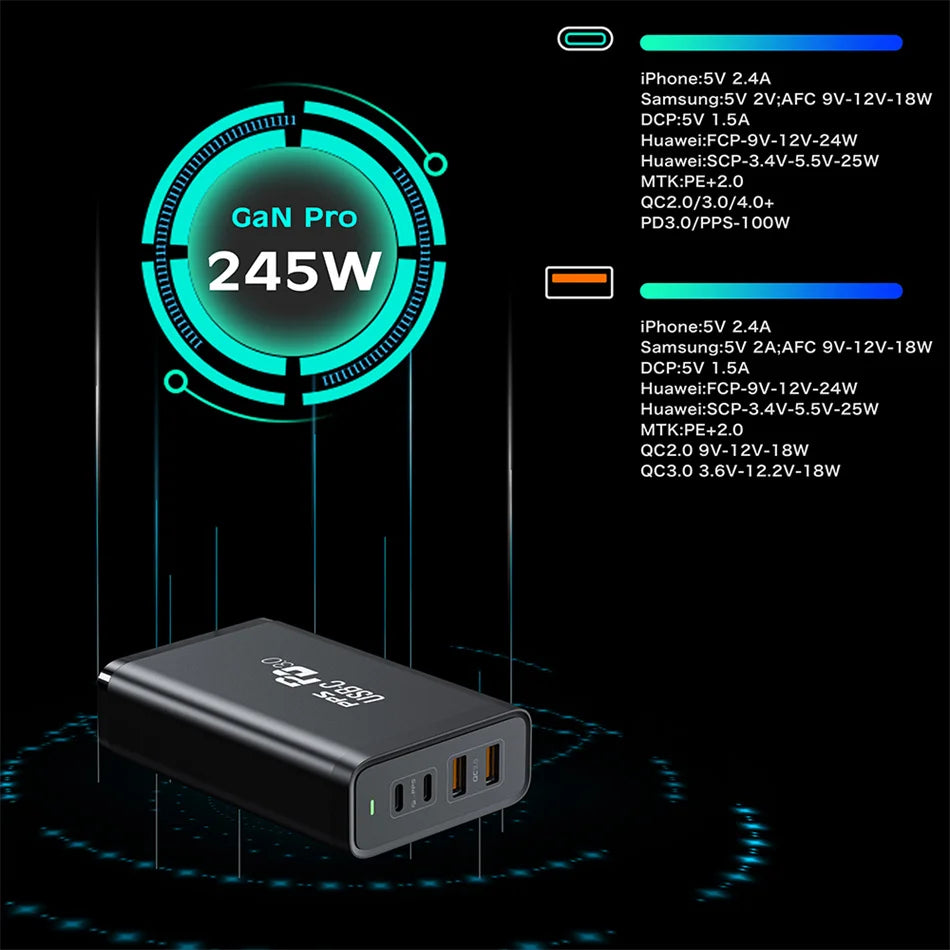 245W USB C Power Adapter 4 Ports GaN Desktop Charging Station PD100W PPS45W Fast Charger for MacBook iPhone 15 Samsung S23 Ultra