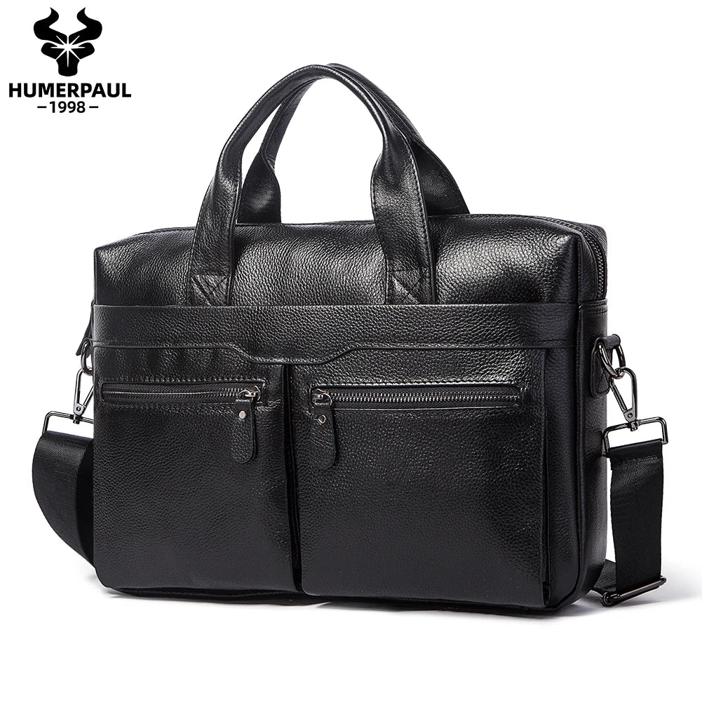 HUMERPAUL Men's Genuine Leather Briefcase Business Laptop Bag with Multiple Pockets Durable Handbag Shoulder Bags for Travel ﻿