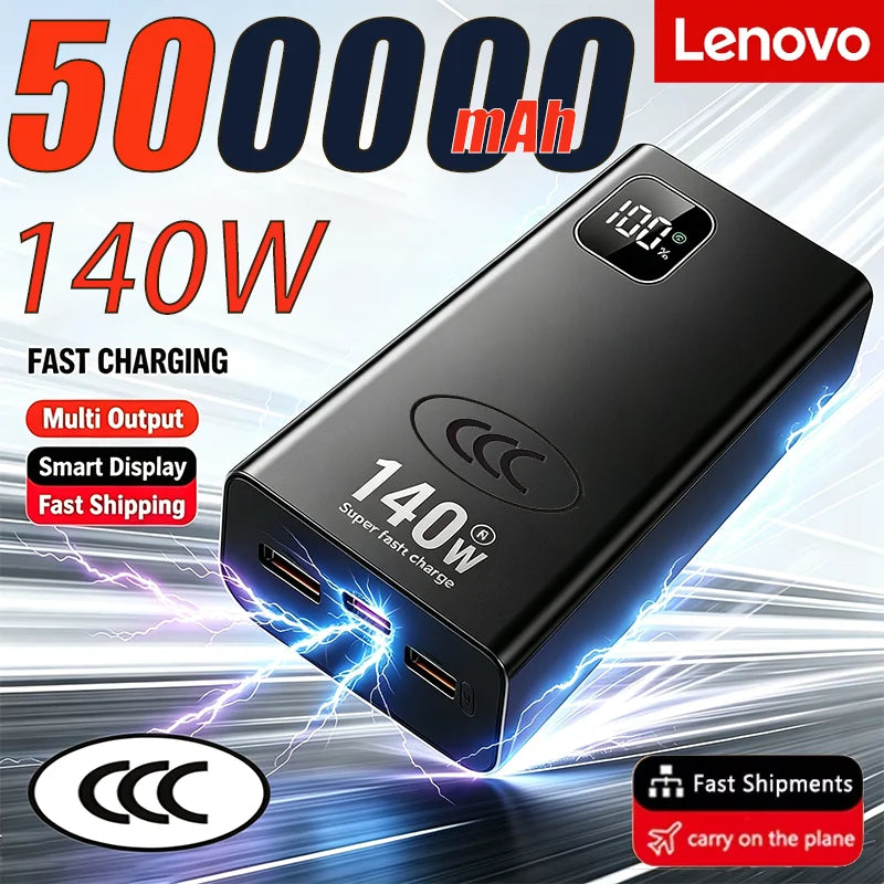Lenovo 140W Super Fast Charging Ultra Capacity Portable Charger Power Bank 2027 500000mAh CCC For IPhone Samsung