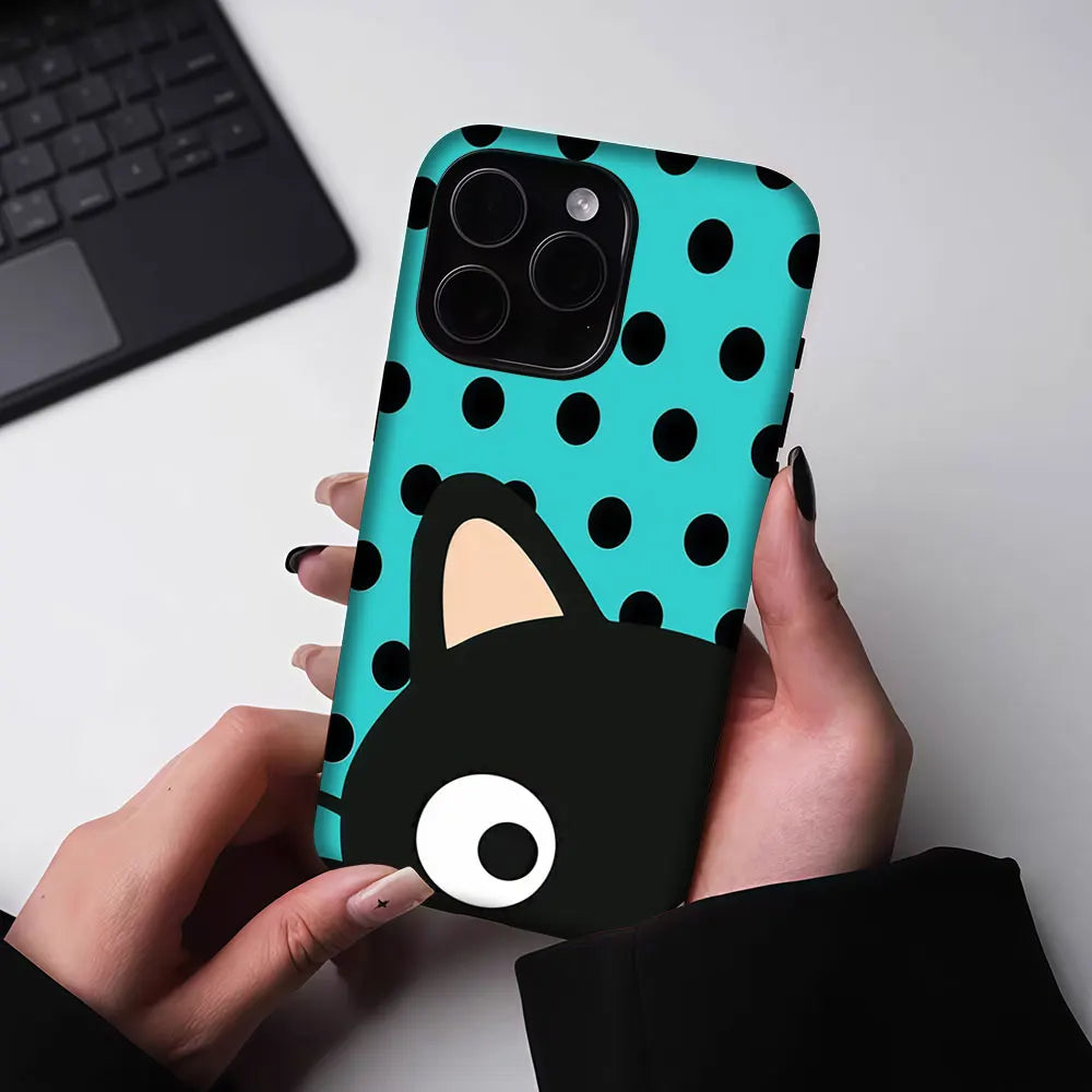 Aurbe Matte 2-in-1 Film Magsafe Case For iPhone 17 16 15 14 Plus 17 Pro Max Shockproof Hard Shell Turquoise Polka Dot Cat Case