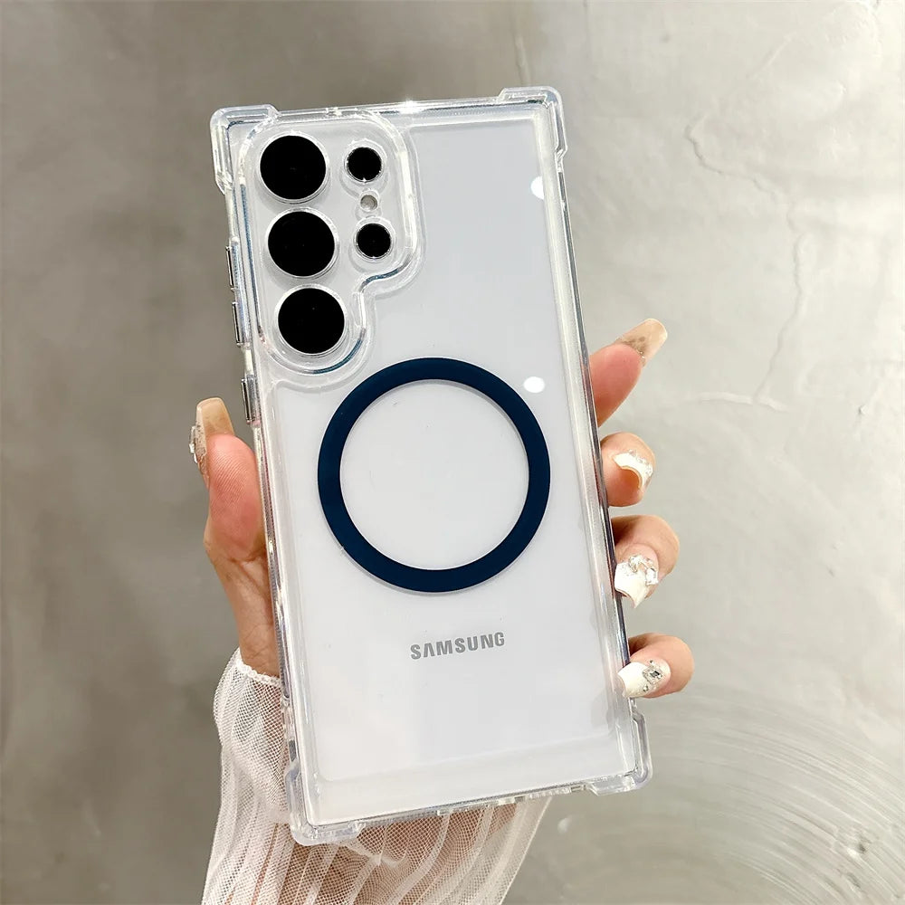 Transparent Armour Magnetic Case For Samsung S26 S25 S23 S24 Plus S21 S22 Ultra Corners Reinforced Shockproof Protection Cover