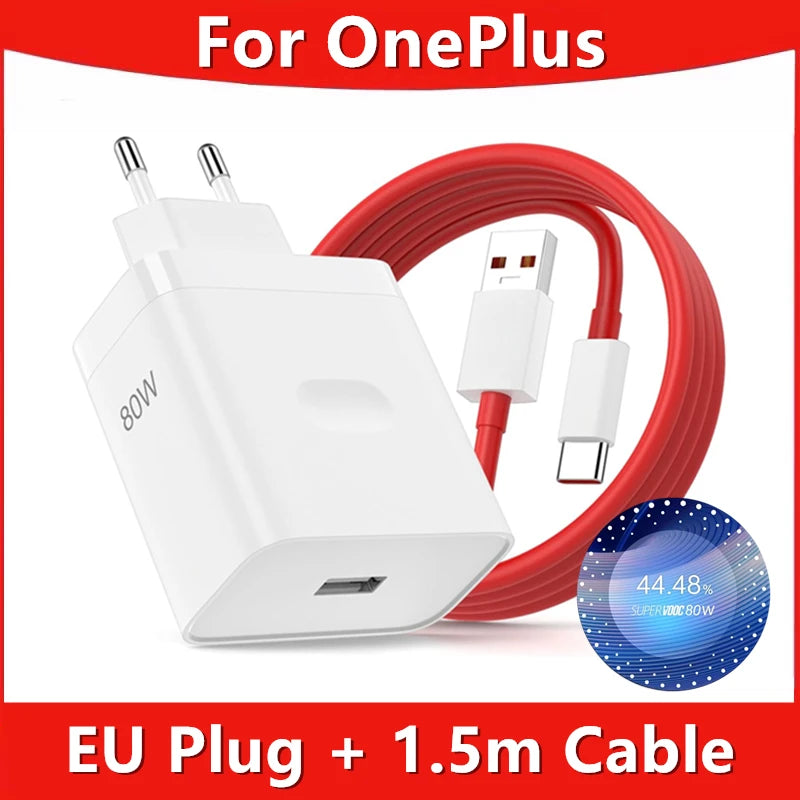 EU Plug 80W Ultra Fast Charger For OnePlus 8 9 10 11 12 13 Nord 2 2T N200 N300 5G OPPO Realme Type C USB SuperVooc Charge Cable