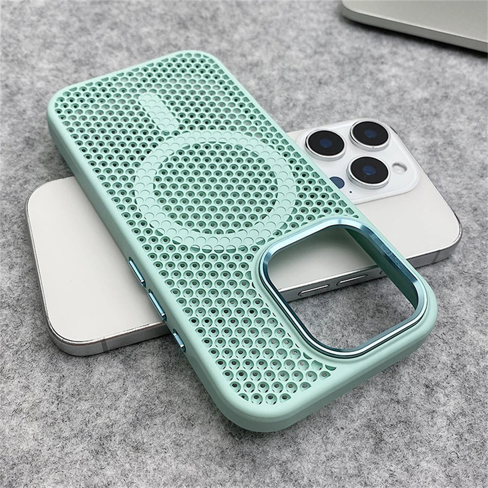 Heat Dissipation Mesh For Magsafe Magnetic Wireless Charge Case For iPhone 16 15 14 Plus 13 12 17 Pro Max Breathable Armor Cover