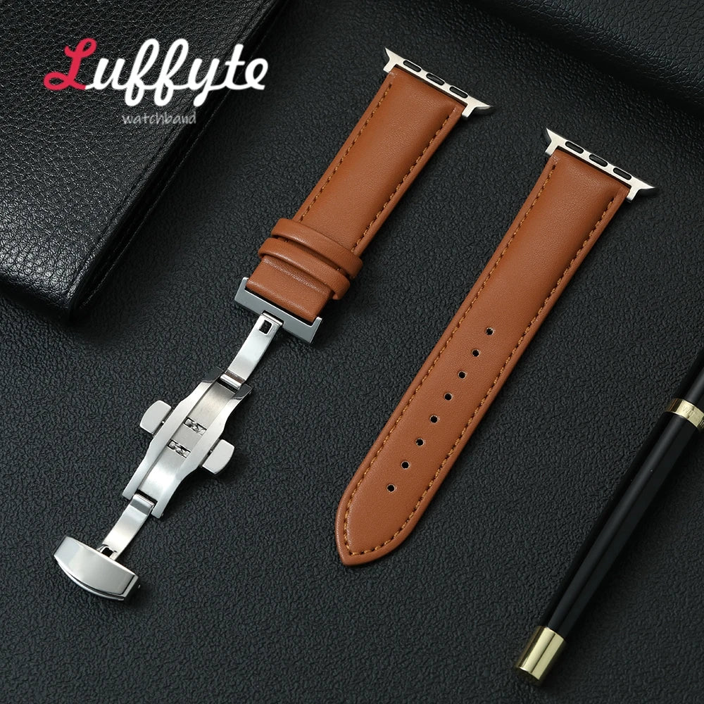 Casual PU Leather Watchbands For Apple Watch 1-10 Ultra SE 2 Butterfly Clasp Wrist Strap For iwatch 49/46/45/44/42/41/40/38mm