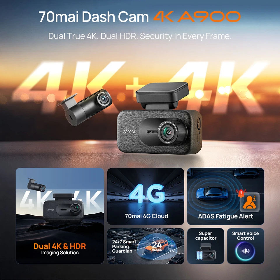【New】70mai Dash Cam 4K A900 Dual True 4K&HDR Supercapacitor GPS Fatigue Alert Voice Control 4G LTE Wi-Fi 6 Car DVR 70mai A900