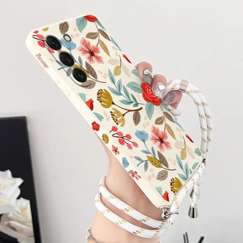 Five Petals Flower Crossbody Lanyard Silicone Phone Case For Samsung Galaxy S23 S23 Plus S23 FE S23 Ultra S22 S21 S20 Plus Cover