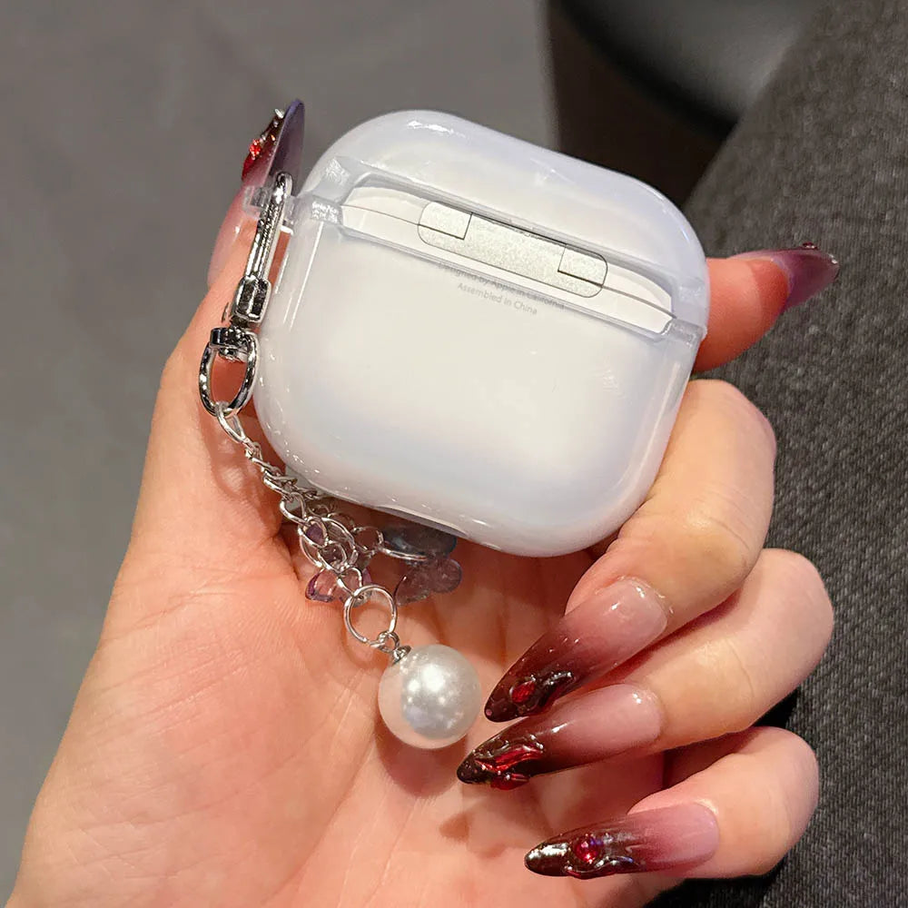 Bling Glitter Soft TPU Earphone Case with Keychain for Airpods Pro 2 Generation Air Pods 4 2024 3 2 1 3rd Gen 3D Butterfly Cover