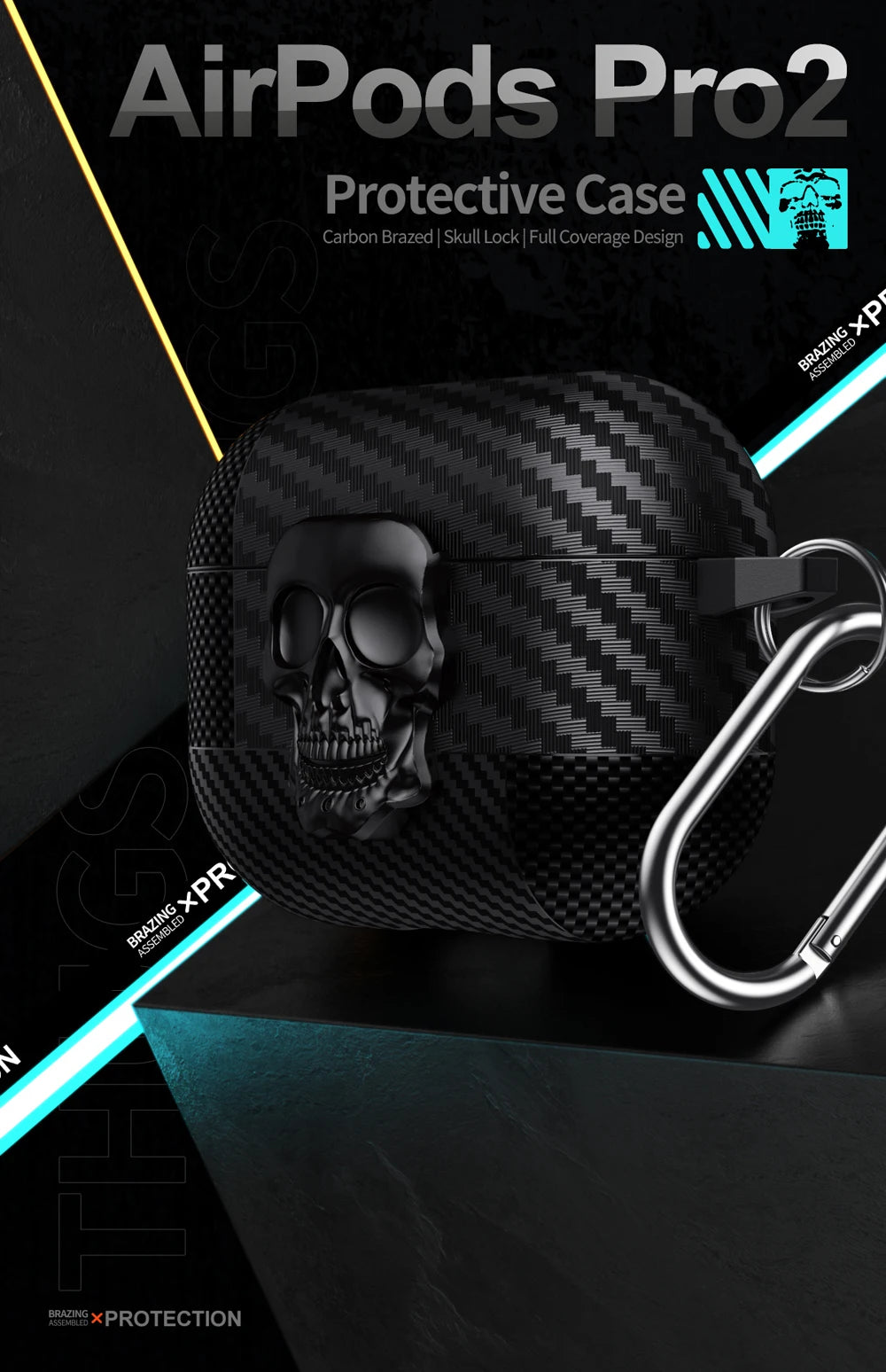 New Earphone Protector Case For Airpods Pro 2 3 4 ANC Cover With Carabiner Rotating Skull Secure Lock Clip Headphone Cases Funda
