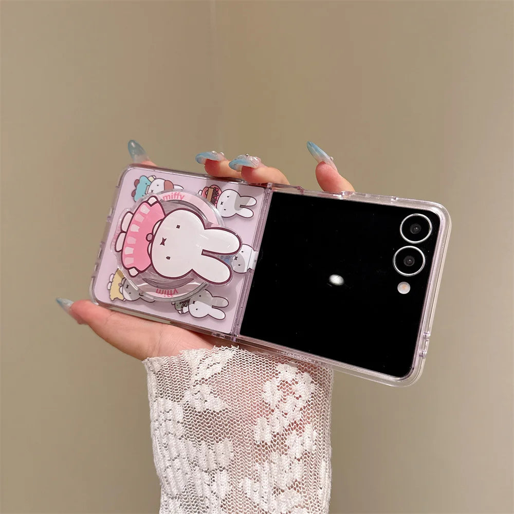 Cute Miffy Rabbit Magnetic Phone Case For Samsung Galaxy Z Flip 8 7 6 5 3D Cartoon For Magsafe Stand Shockproof Protective Cover