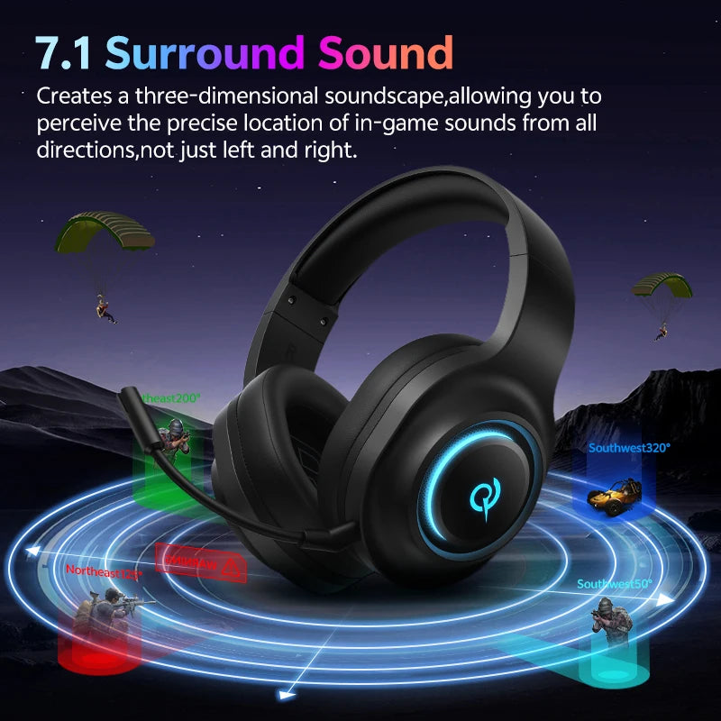 QCY Heroad V200 Gaming Headset with Mic Tri-Mode RGB Over Ear Headphones 7.1 Surround Sound 50mm Drivers for PC Headset Gamer