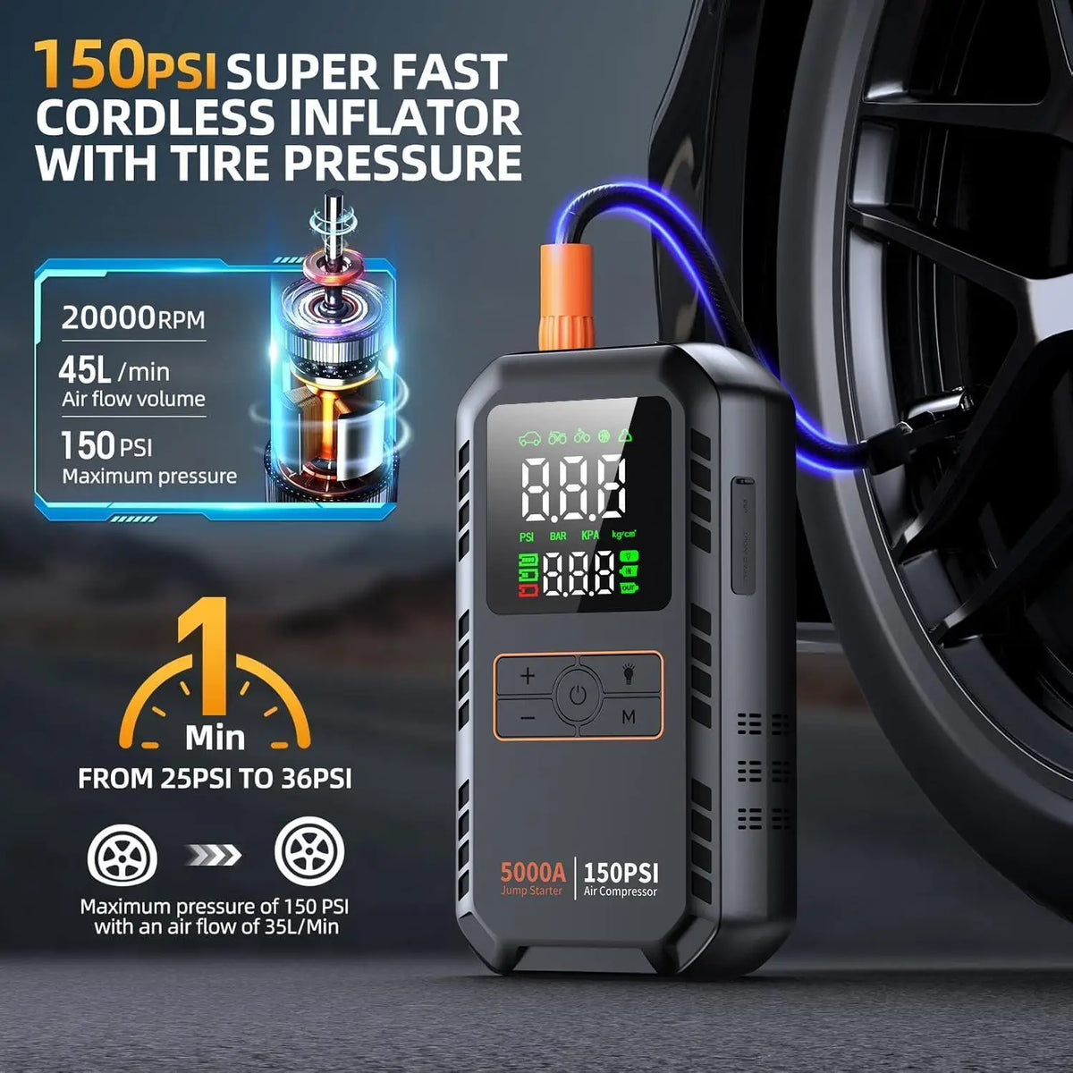5000A Car Jump Starter with Air Compressor 150PSI Tire Inflator Auto Battery Booster Portable Jump Box