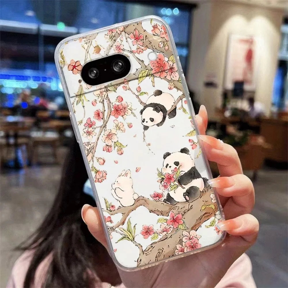 For Google Pixel 10 9 8 7 6 Pro XL 9a 8a 7a 6a Cute Panda Play Pattern Phone Case Crystal Transparent Silicone Protective Cover
