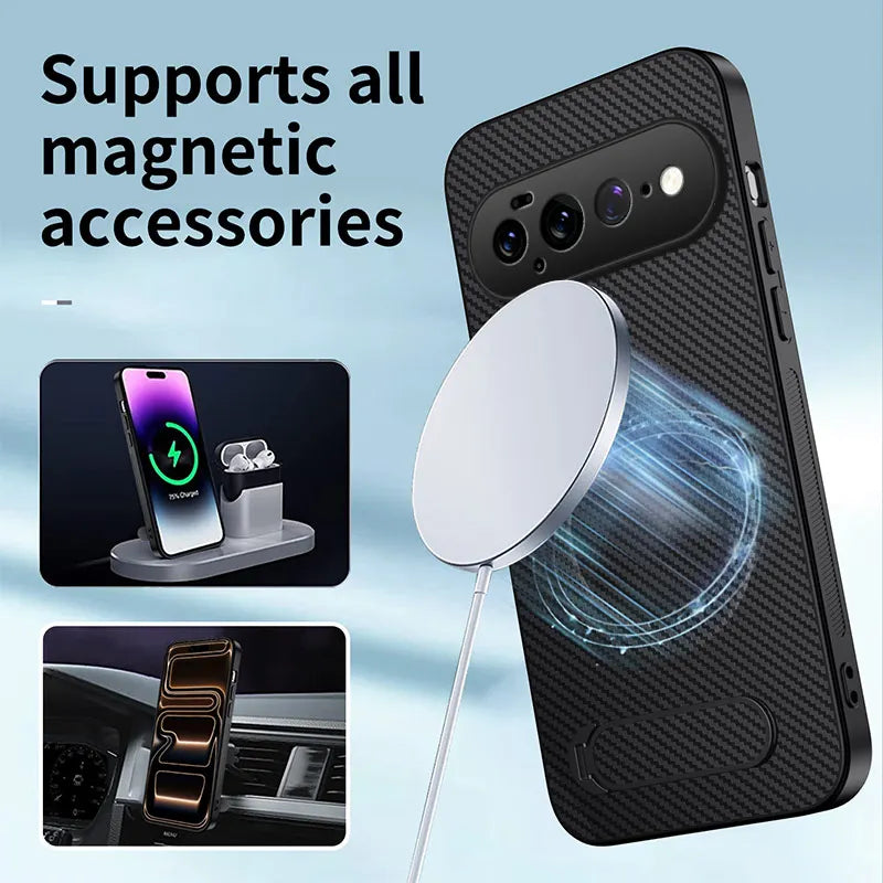 Carbon Fiber Leather Phone Case for Google Pixel 11 10 9 Pro XL 6A 7A 8A 9A 10A 7 8 Pro Magnetic Wireless Charging Bracket Cover