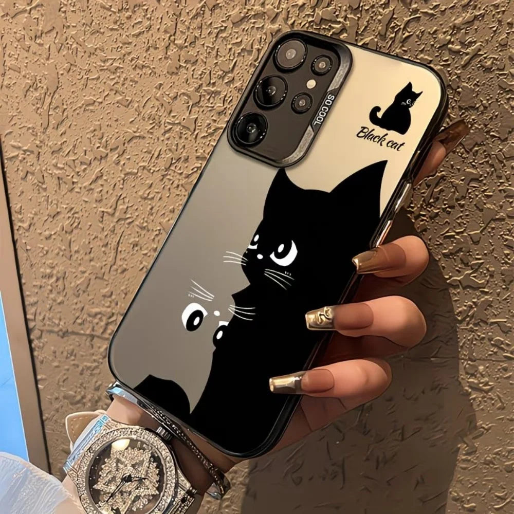 Cute Black Cat Print Color Silver Gradient Phone Case For Samsung Galaxy A73 A72 A71 A56 A555 A54 A53 A52 A51 A50 PC+TPU Cover