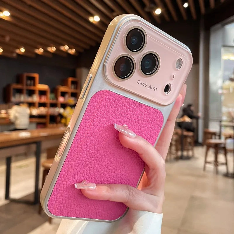 Luxury Litchi Leather Case for iPhone 17 16 15 14 Pro Max iPhone 13 Glass Large Window Shockproof Armor Bumper Plating Cover