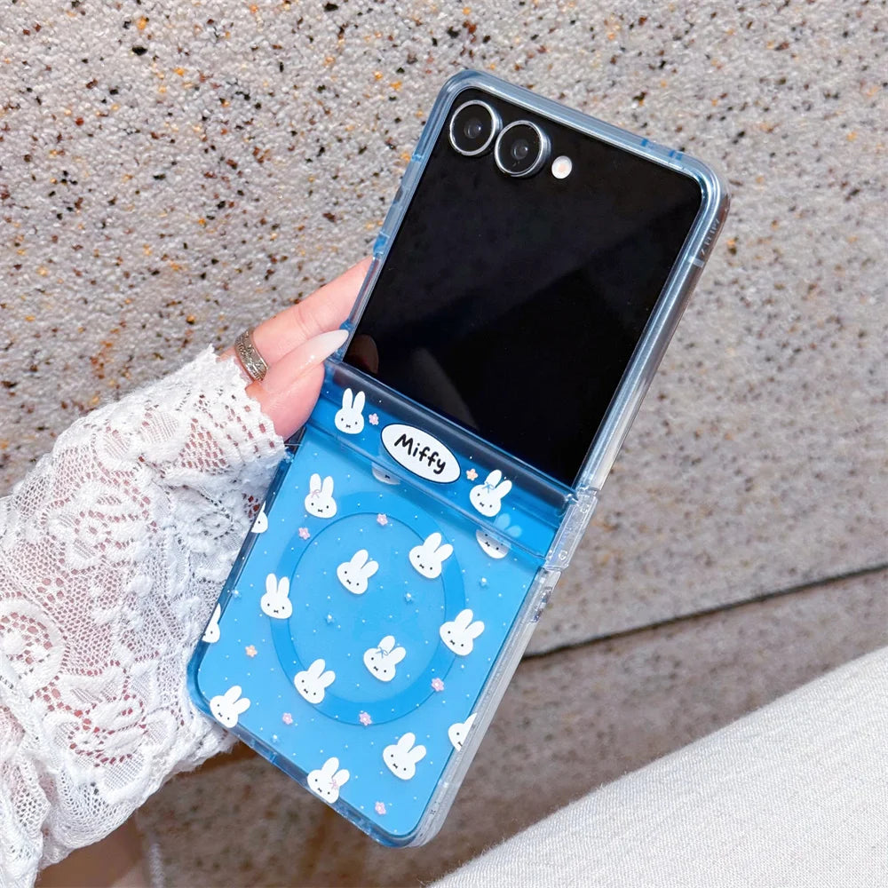 Cute polka dots Miffy Clear Folding Phone Case For Samsung Z Flip 8 7 6 5 4 3 flower Cartoon Miffy protect Cover Wrist Strap﻿﻿﻿﻿