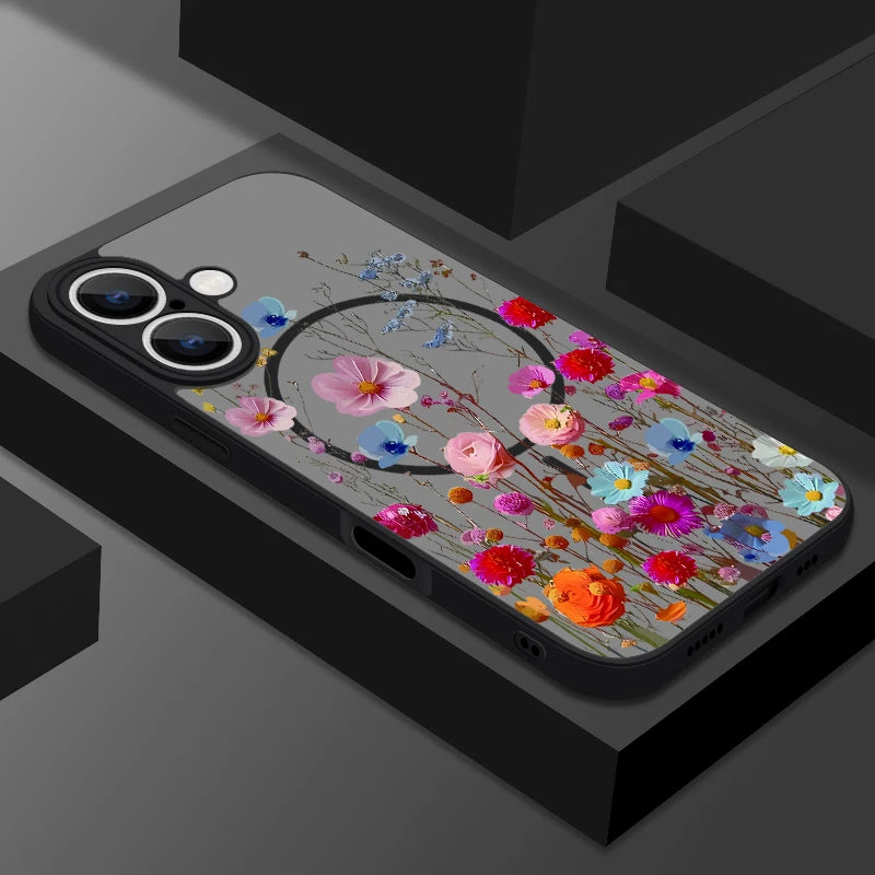 Translucent Matte Phone Case For iPhone 17 17e 16e 16 15 Pro 14 13 Pro Max For Magsafe Colorful Small Flowers Print Back Cover