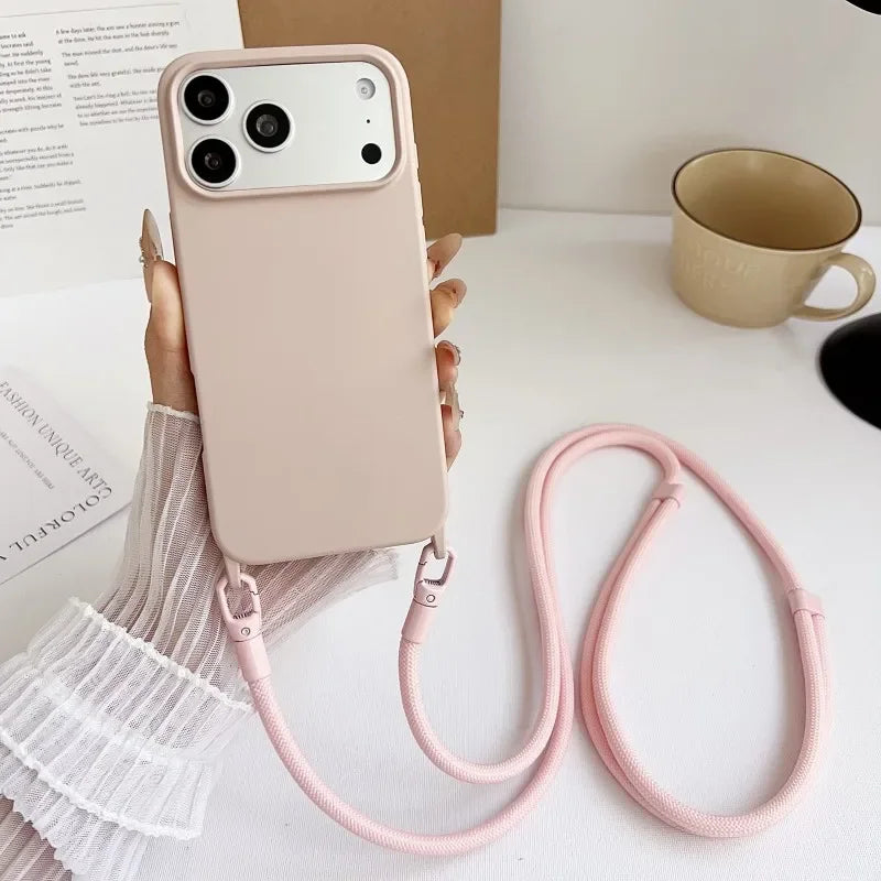 Official Lanyard Case For iPhone 17 Pro Max 14 12 11 13 15 16 Plus 17 Air Shockproof Candy Crossbody Neck Cord Strap Soft Cover