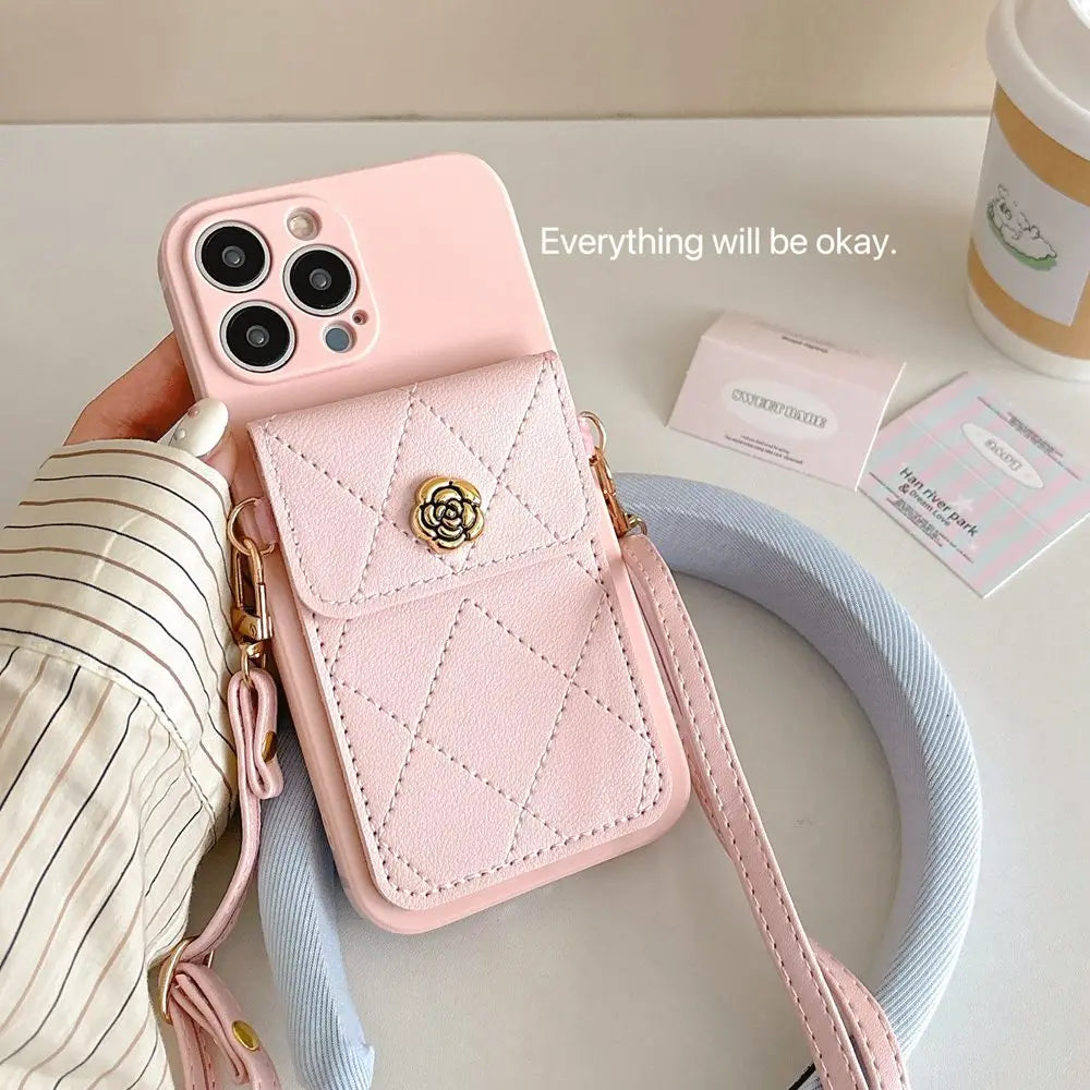 Crossbody Neckband Lanyard Phone Case for iPhone 15 14 11 12 13 Pro Max X XS XR 7 8 Plus Flower Leather Wallet Card Holder Cover