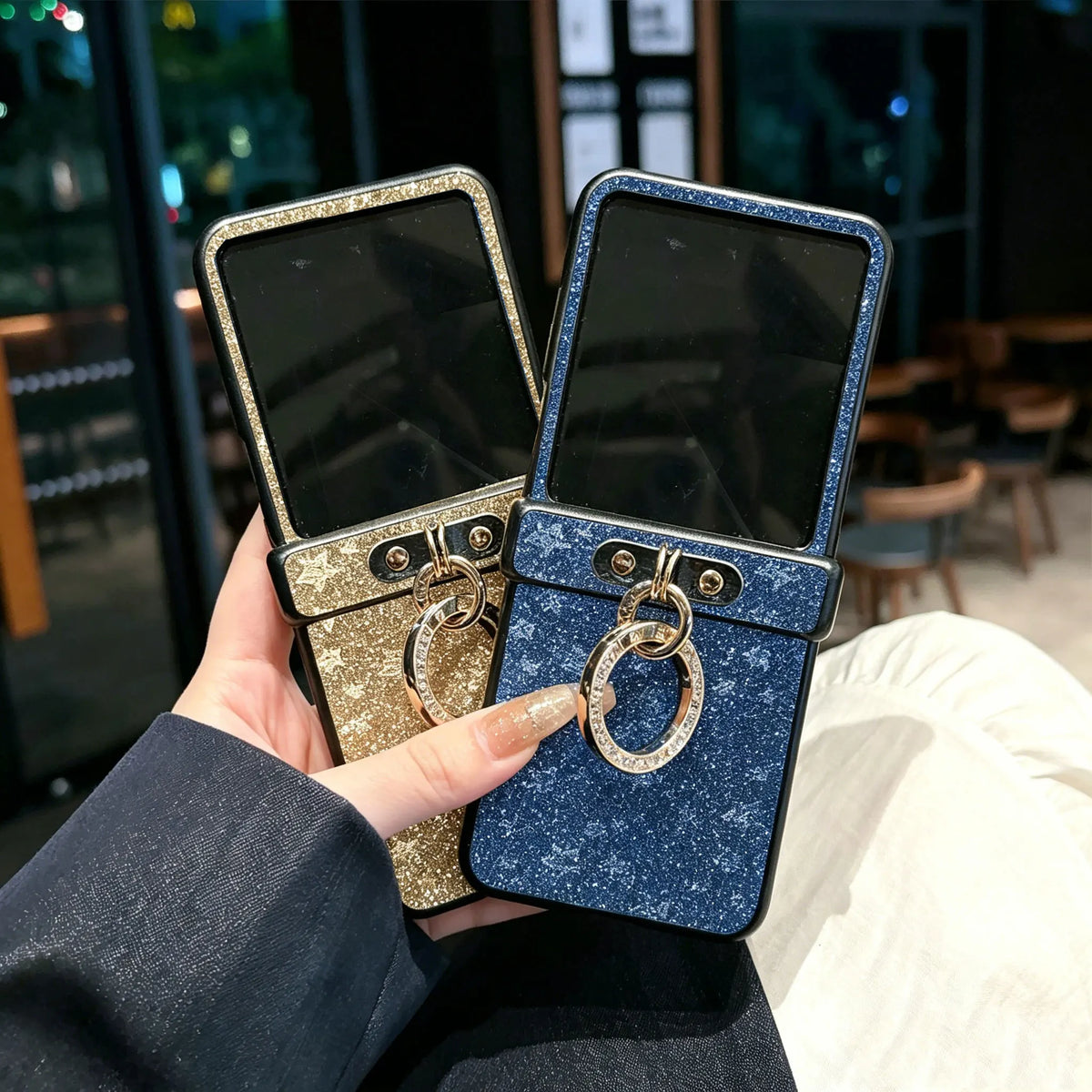 Luxury Twinkle Stars Phone Case for Motorola Razr 50 60 Ultra 2024 2025 + 2024 + 2025 with a Diamond-Plated Ring Buckle
