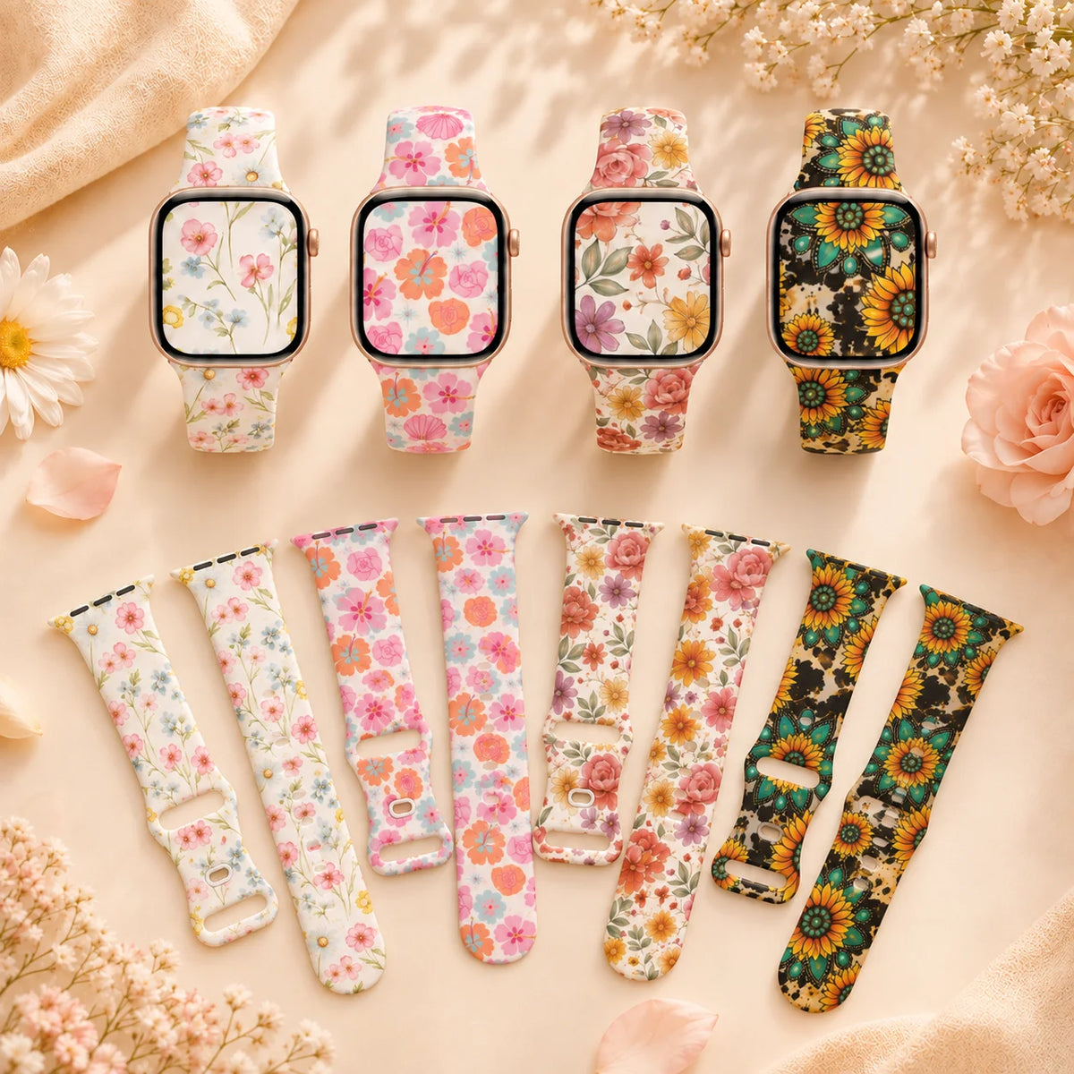 Floral Watch Band for Apple Watch 38/40/41/42/44/45/46/49mm, Elegant Women Soft Silicone Strap, for iWatch Series 12 11 10 9 8 7