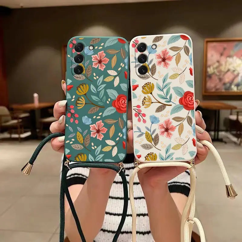 Five Petals Flower Crossbody Lanyard Silicone Phone Case For Samsung Galaxy S23 S23 Plus S23 FE S23 Ultra S22 S21 S20 Plus Cover