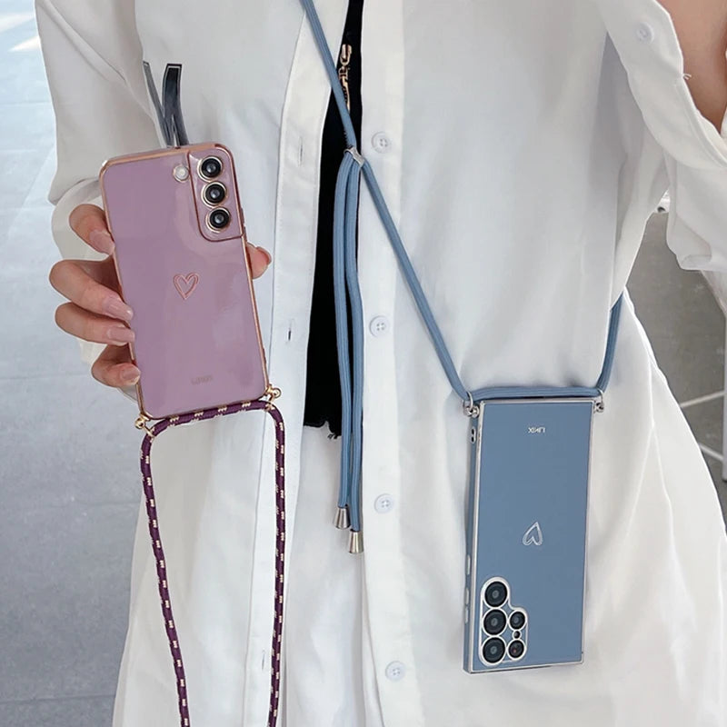 Crossbody Lanyard Strap Plating Case For Samsung Galaxy A53 A73 A33 A52 A52S A72 A32 A51 4G 5G S22 S21 S20 Fe Plus Ultra Cover