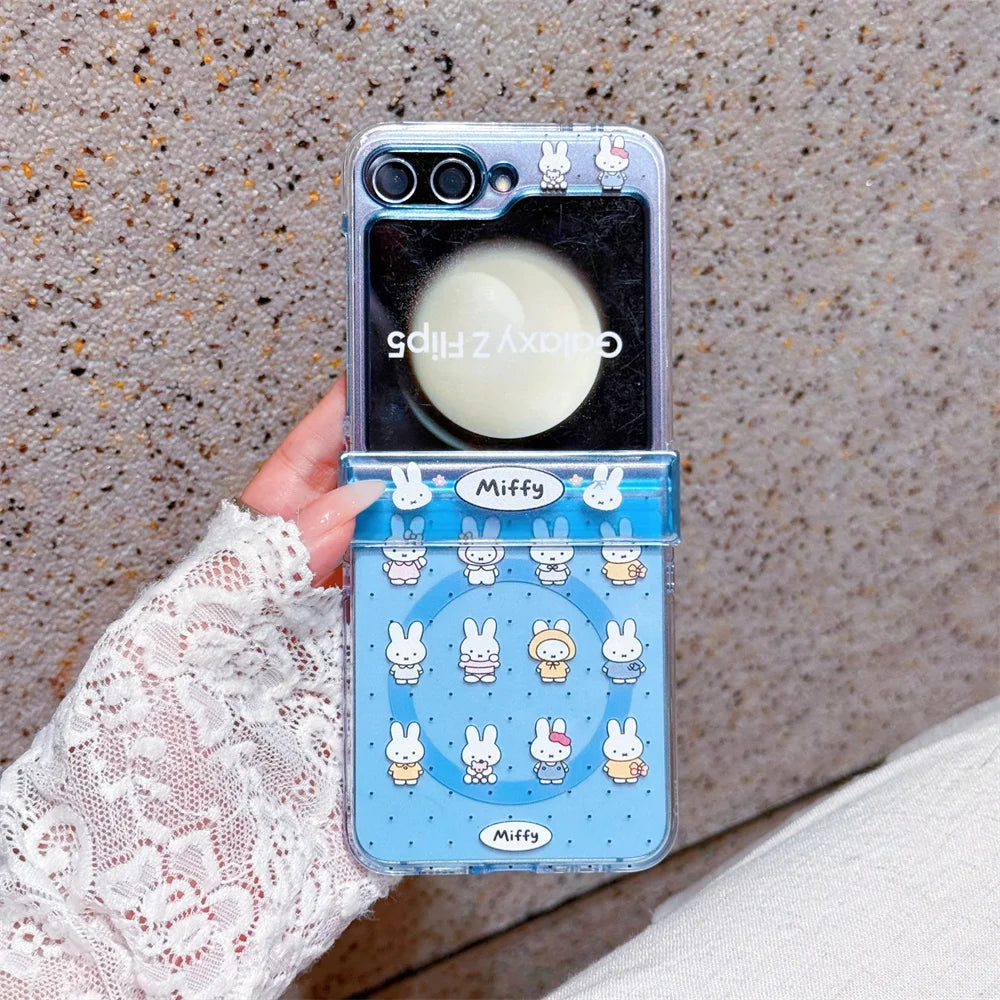 Cute polka dots Miffy Clear Folding Phone Case For Samsung Z Flip 8 7 6 5 4 3 flower Cartoon Miffy protect Cover Wrist Strap﻿﻿﻿﻿