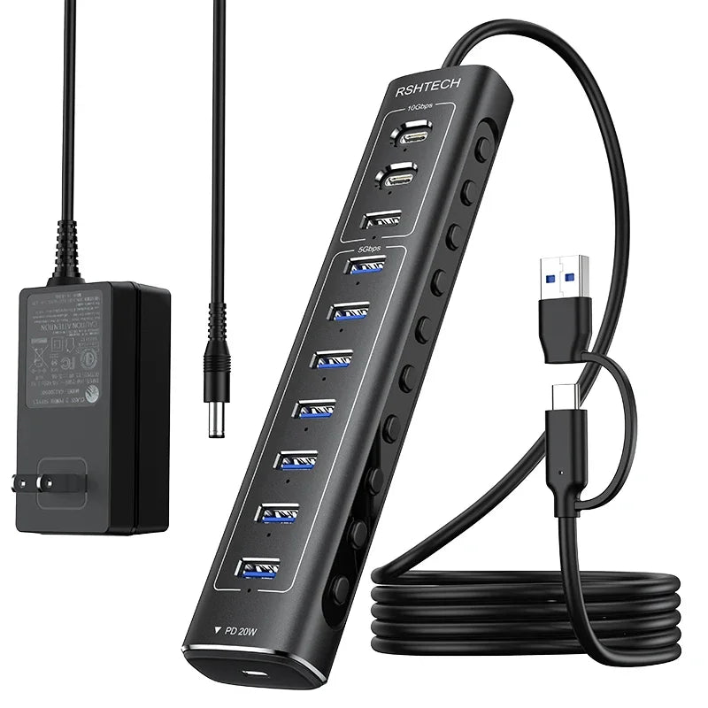 RSHTECH 60W USB 3.1 Hub 10Gbps for Laptop Macbook with 7 USB3.0 Port and 20W PD Aluminum USB Splitter Data Transfer Dock Station