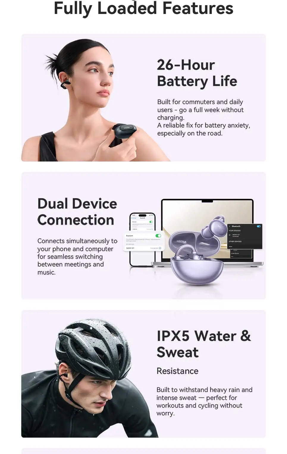 1More Open Ear Bluetooth Earbuds Wireless Ear Clip S21 Bluetooth 6.0 LDAC Wireless Hi-Res Audio Earphones IPX5 26H Battery Life