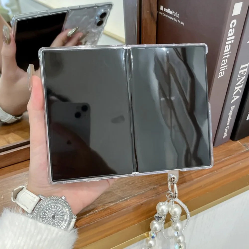 Z Fold8 Transparent INS Water Wave Pattern Pearl Bracelet for Samsung Galaxy Z Fold 8 Ultra 7 6 Lanyard Non-slip Clear PC Cover