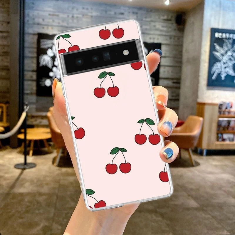 Cute Cherry Bow Phone Case For Google Pixel 9 8 7 6 Pro XL 8A 7A 6A 5 4 5A 4A 3A XL 5G soft Silicone Clear TPU Cover