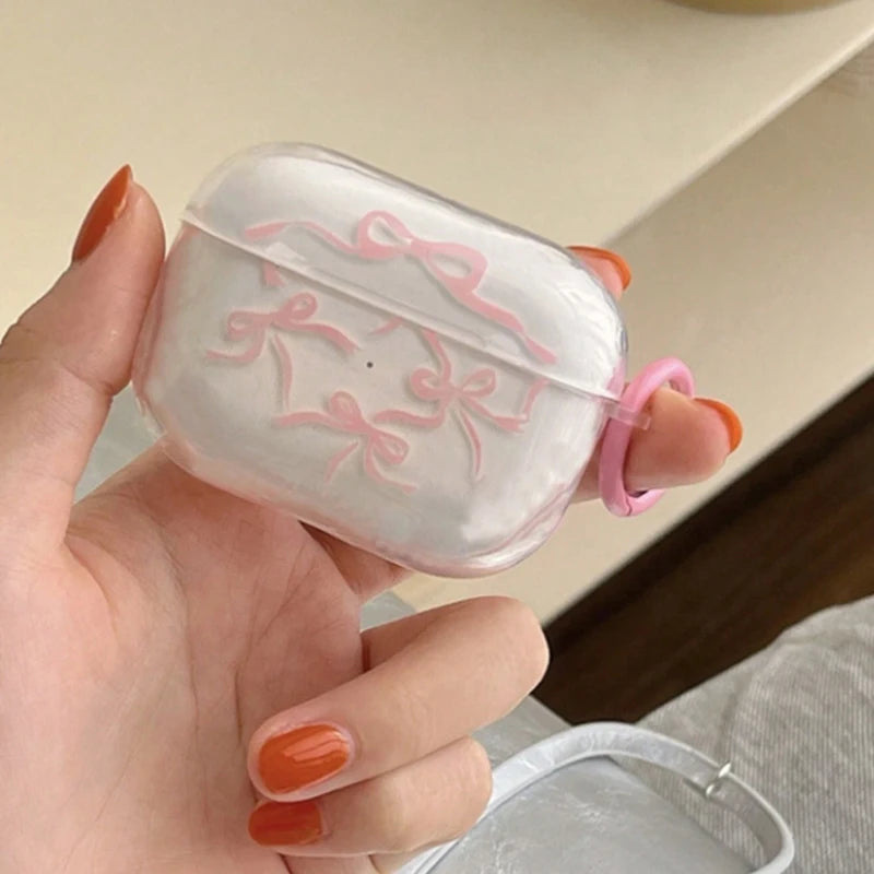 INS Korea Pink Bow Knot Headset Case For Airpods 4 Cover Shockproof For Airpod Pro 2nd 3 2 1 Charging Box Fundas With Keychain